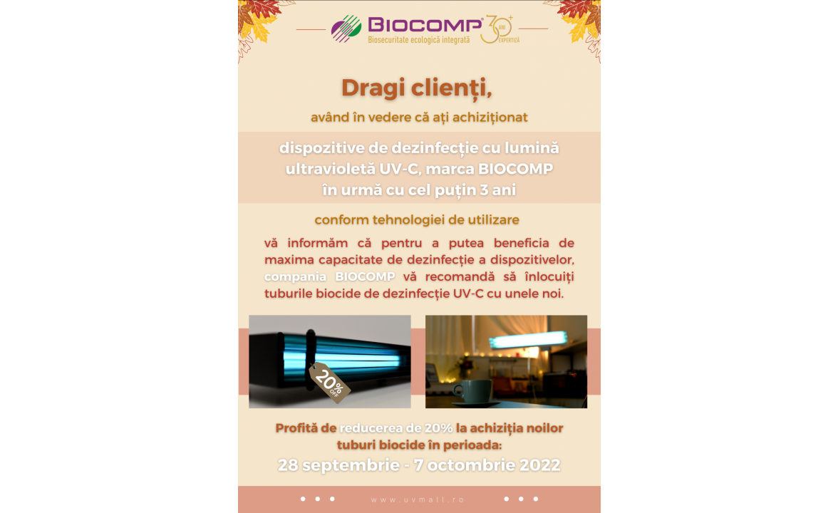 Inlocuieste tuburile biocide UV-C BIOCOMP si obtine reducerea de 20%!