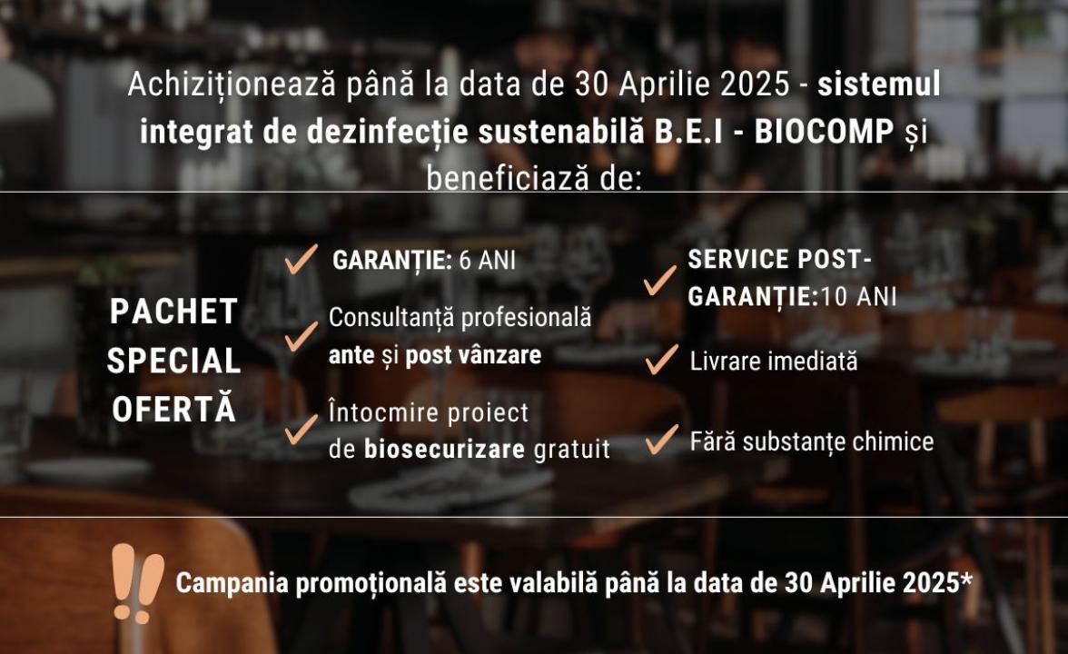 Sistemul de dezinfectie sustenabil B.E.I - BIOCOMP dedicat industriei ospitalitatii si procesarii alimentelor