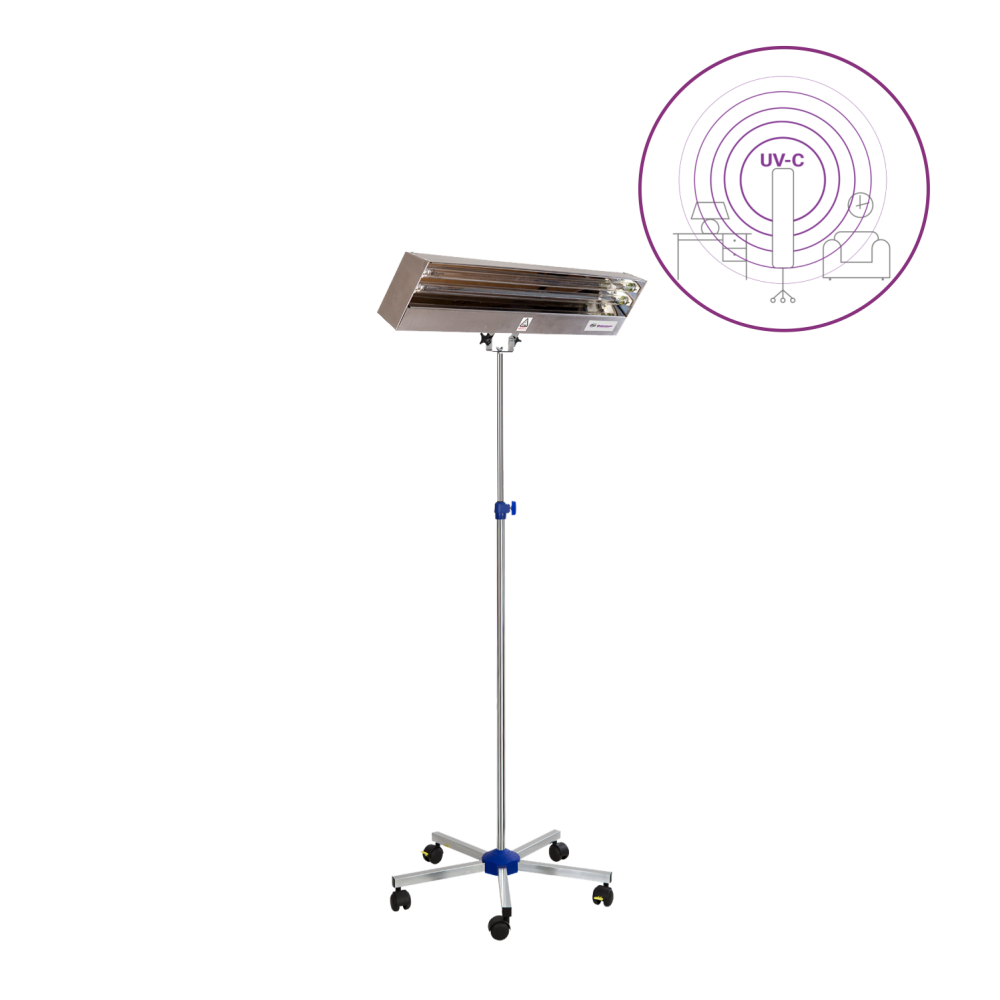 Dispozitiv de dezinfectie cu lumina ultravioleta UV-C (lampa UV-C) LBAI 2x15W, din inox, cu montare pe stativ mobil